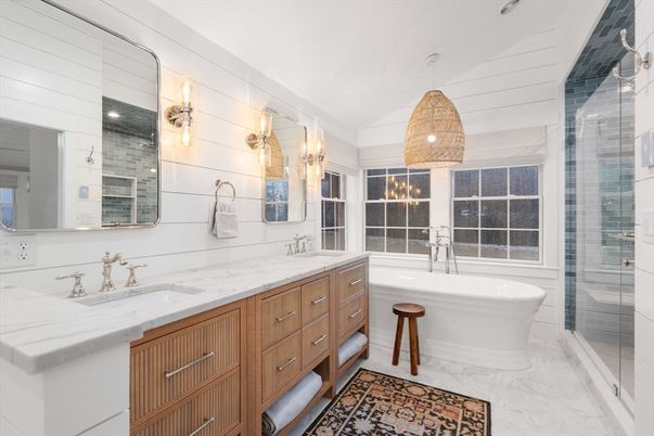 Bathroom, Dual Sink Vanities, Free Standing Baths, Glass Shower, Interior, Marble, Pendant Lights