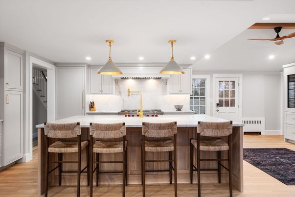Interior, Kitchen, Marble Walls, Pendant Lights, Recessed Lighting, Wood Texture Flooring