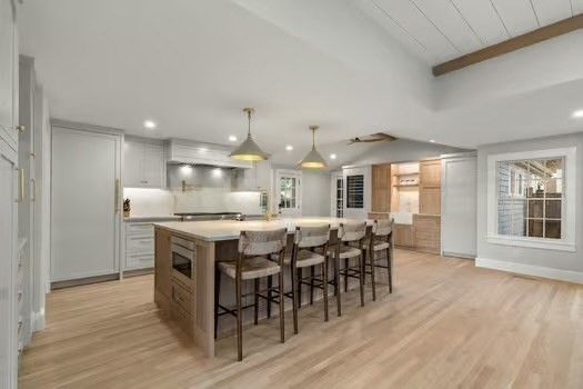 Interior, Kitchen, Pendant Lights, Recessed Lighting, Wooden Beams, Wood Texture Flooring