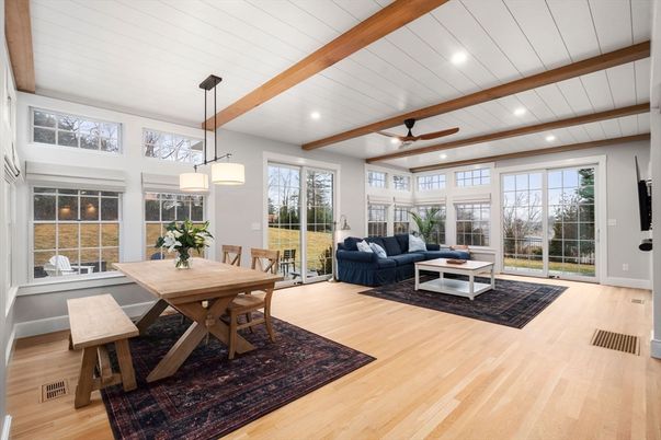 Dining room, Interior, Living room, Pendant Lights, Recessed Lighting, Sun Room, Wooden Beams, Wood Texture Flooring