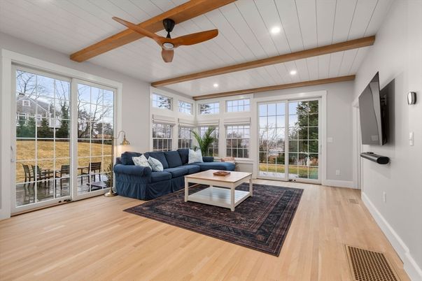 Interior, Living room, Recessed Lighting, Sun Room, Wooden Beams, Wood Texture Flooring
