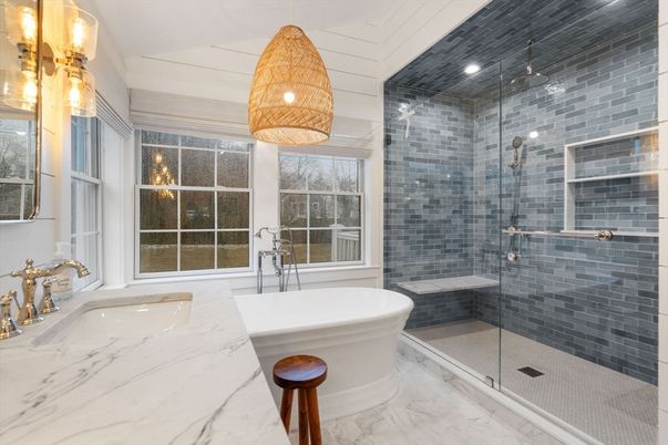 Bathroom, Free Standing Baths, Glass Shower, Interior, Marble, Recessed Lighting, Stone Walls