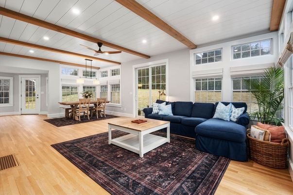 Dining room, Interior, Living room, Recessed Lighting, Wooden Beams, Wood Texture Flooring