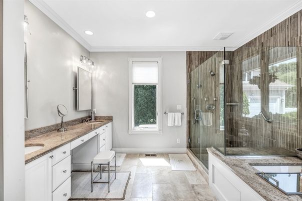 Bathroom, Dual Sink Vanities, Glass Shower, Interior, Recessed Lighting
