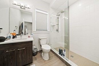 Bathroom, Glass Shower, Interior, Wood Texture Flooring