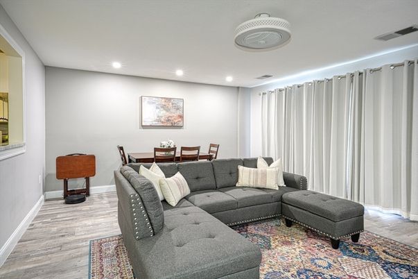 Dining room, Interior, Living room, Recessed Lighting, Wood Texture Flooring