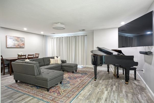 Dining room, Interior, Living room, Piano, Recessed Lighting, Wood Texture Flooring