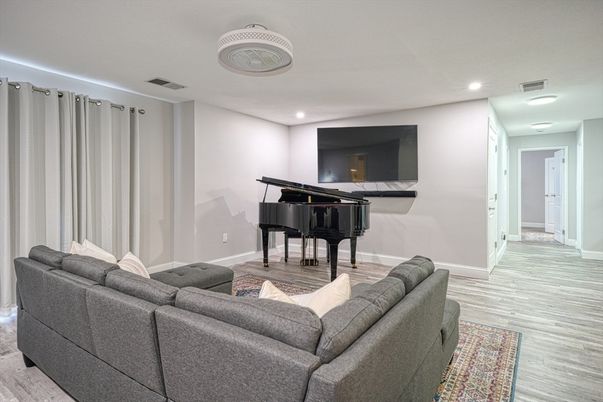 Interior, Living room, Piano, Recessed Lighting, Wood Texture Flooring