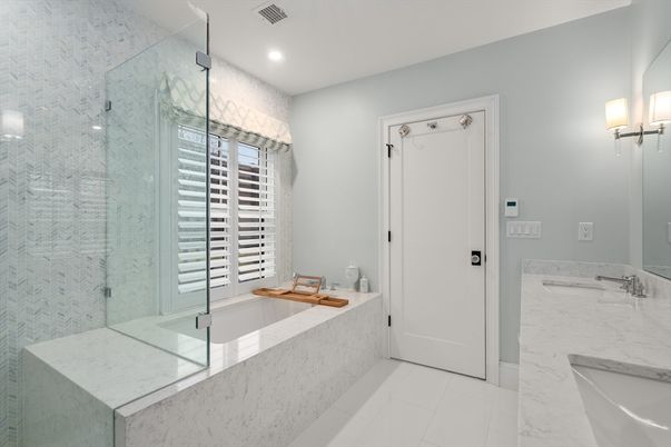 Bathroom, Glass Shower, Interior, Marble, Recessed Lighting