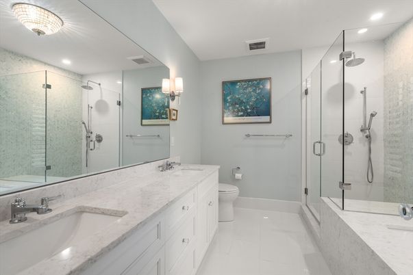Bathroom, Dual Sink Vanities, Glass Shower, Interior, Recessed Lighting