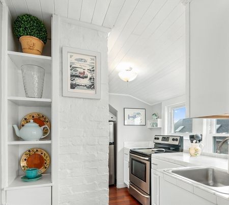 Interior, Kitchen, Stainless Steel Appliances, Tile Countertops, Wood Texture Flooring