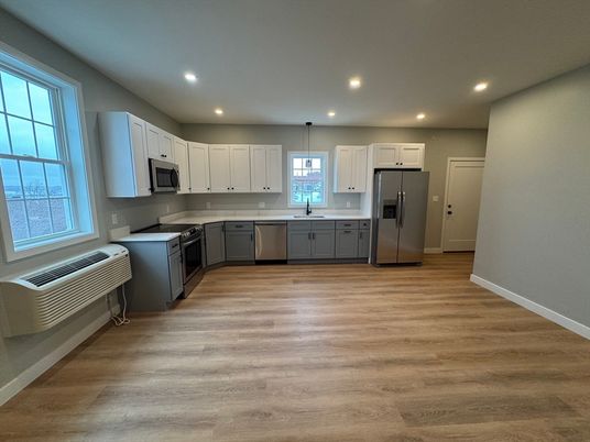 Interior, Kitchen, Pendant Lights, Recessed Lighting, Stainless Steel Appliances, Wood Texture Flooring