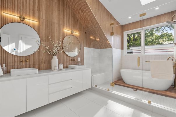 Bathroom, Dual Sink Vanities, Free Standing Baths, Glass Shower, Interior, Recessed Lighting, Wooden Walls