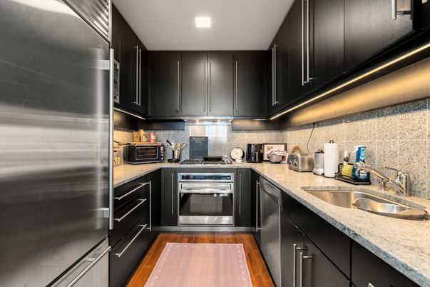 Interior, Kitchen, Recessed Lighting, Stainless Steel Appliances, Wood Texture Flooring