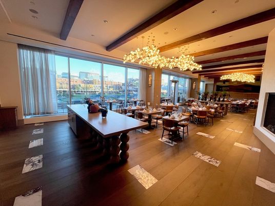 Chandelier, Dining room, Interior, Recessed Lighting, Wooden Beams, Wood Texture Flooring