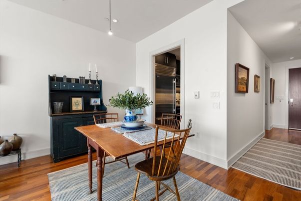 Dining room, Interior, Pendant Lights, Recessed Lighting, Wood Texture Flooring
