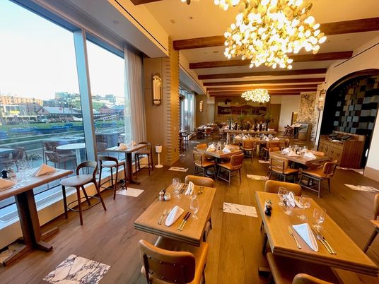 Chandelier, Dining room, Interior, Wooden Beams, Wood Texture Flooring