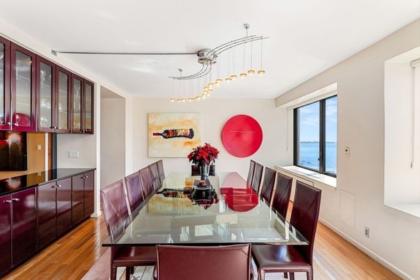 Dining room, Interior, Pendant Lights, Water, Wood Texture Flooring