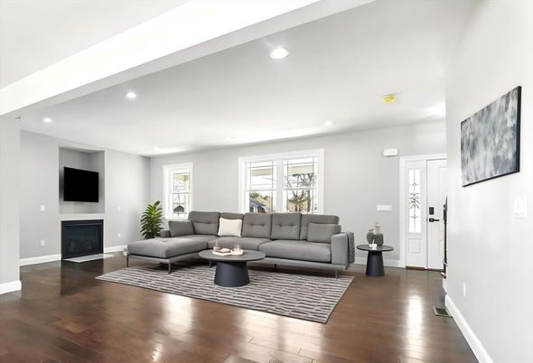 Fireplace, Interior, Living room, Recessed Lighting, Wood Texture Flooring