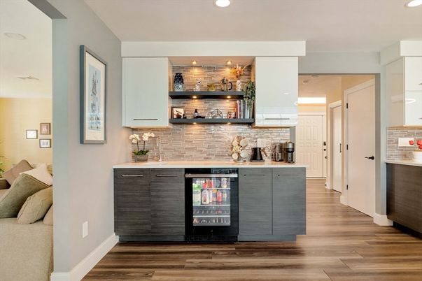 Interior, Kitchen, Recessed Lighting, Stone Walls, Wood Texture Flooring