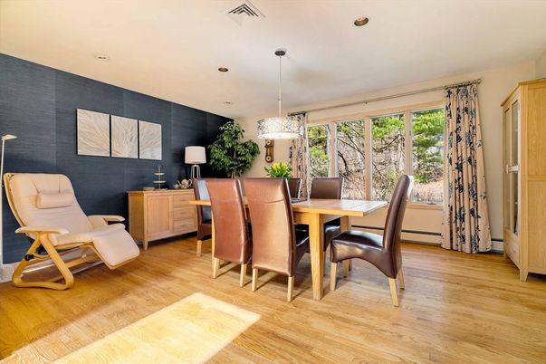 Dining room, Interior, Pendant Lights, Recessed Lighting, Wood Texture Flooring
