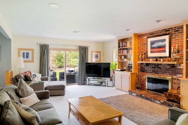 Fireplace, Interior, Living room, Recessed Lighting, Stone Walls