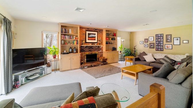 Fireplace, Interior, Living room, Recessed Lighting, Stone Walls