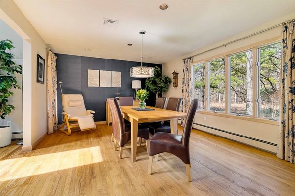 Dining room, Interior, Pendant Lights, Recessed Lighting, Wood Texture Flooring