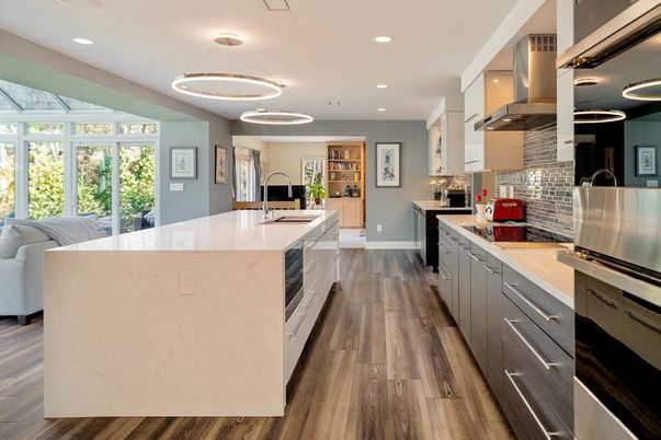 Interior, Kitchen, Pendant Lights, Recessed Lighting, Stainless Steel Appliances, Wood Texture Flooring