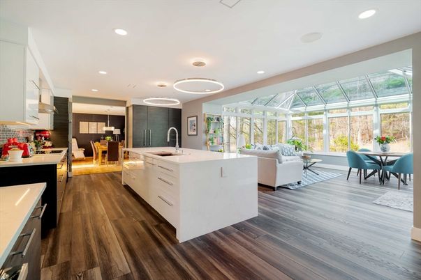 Dining room, Interior, Kitchen, Living room, Recessed Lighting, Wood Texture Flooring