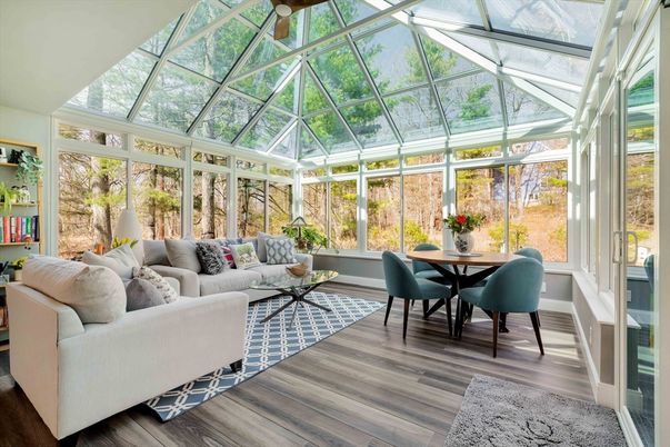 Dining room, Glass Ceilings, Interior, Living room, Sun Room, Wood Texture Flooring