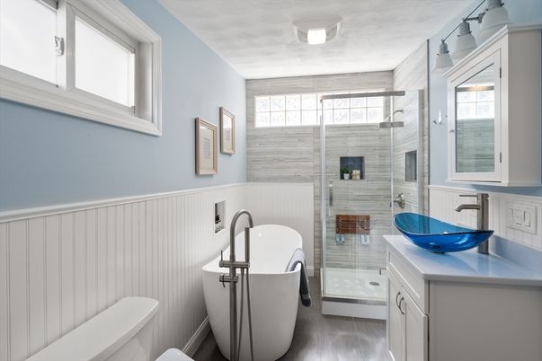 Bathroom, Free Standing Baths, Glass Shower, Interior, Wood Texture Flooring