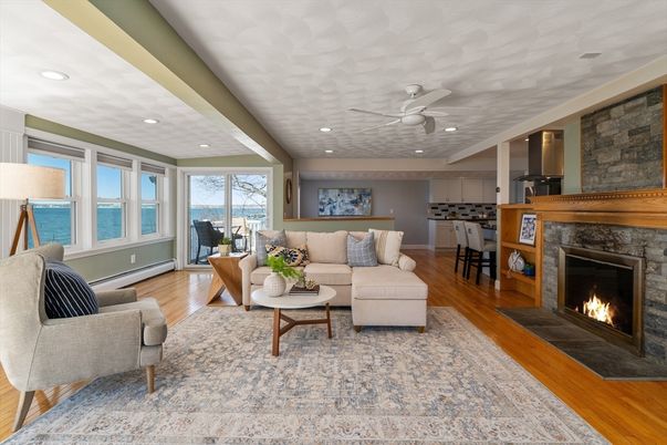 Dining room, Fireplace, Interior, Kitchen, Living room, Recessed Lighting, Stone Walls, Wood Texture Flooring