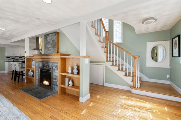 Fireplace, Interior, Kitchen, Recessed Lighting, Wood Texture Flooring