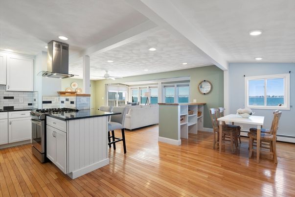 Dining room, Interior, Kitchen, Living room, Recessed Lighting, Water, Wood Texture Flooring