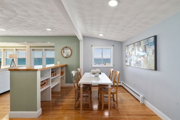 Dining room, Interior, Recessed Lighting, Wood Texture Flooring