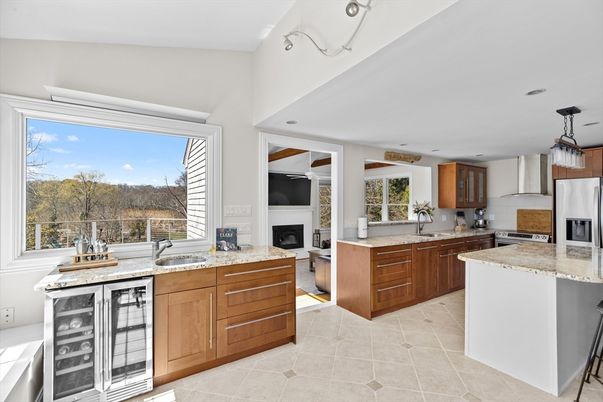 Fireplace, Interior, Kitchen, Pendant Lights, Recessed Lighting, Stainless Steel Appliances