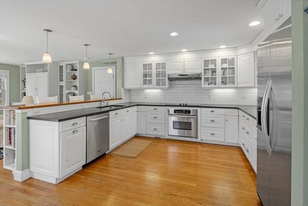Interior, Kitchen, Pendant Lights, Recessed Lighting, Stainless Steel Appliances, Wood Texture Flooring