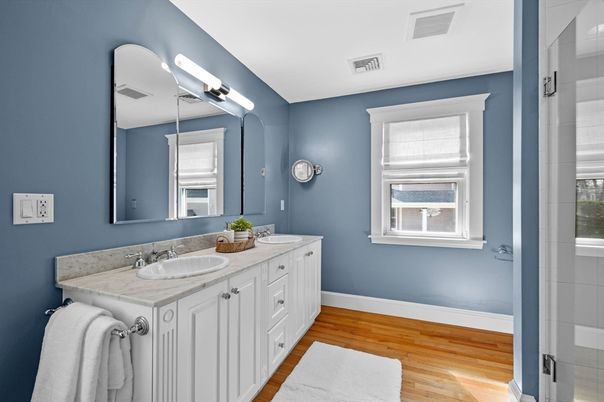 Bathroom, Dual Sink Vanities, Interior, Tile Countertops, Wood Texture Flooring