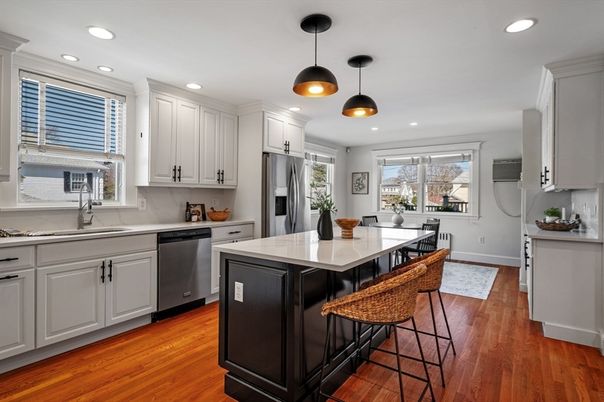 Interior, Kitchen, Pendant Lights, Recessed Lighting, Stainless Steel Appliances, Wood Texture Flooring
