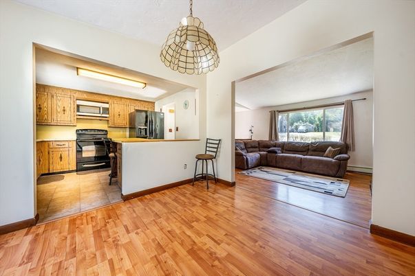 Interior, Kitchen, Living room, Pendant Lights, Stainless Steel Appliances, Wood Texture Flooring