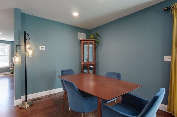 Dining room, Interior, Recessed Lighting, Wood Texture Flooring