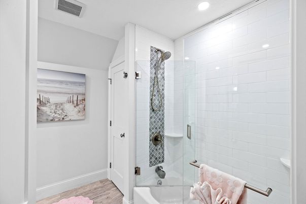 Bathroom, Glass Shower, Interior, Recessed Lighting, Wood Texture Flooring