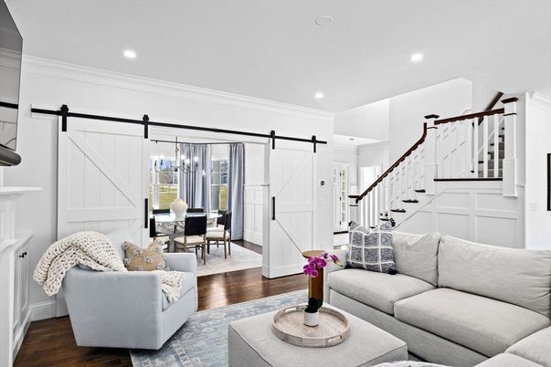 Dining room, Interior, Living room, Pendant Lights, Recessed Lighting, Wood Texture Flooring