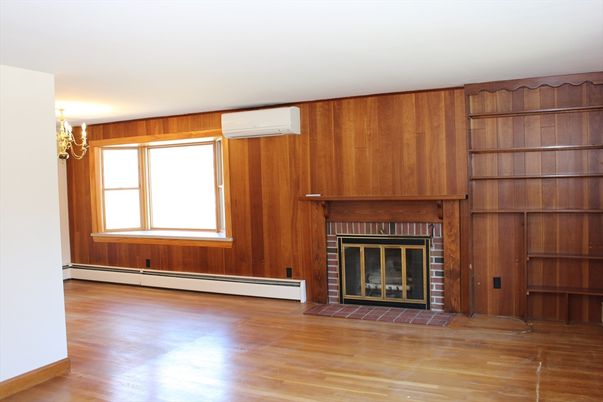 Chandelier, Empty room, Fireplace, Interior, Wood Texture Flooring, Wooden Walls
