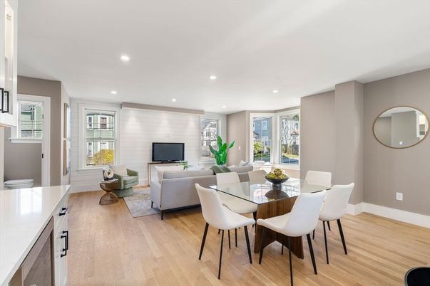 Dining room, Interior, Living room, Recessed Lighting, Wood Texture Flooring