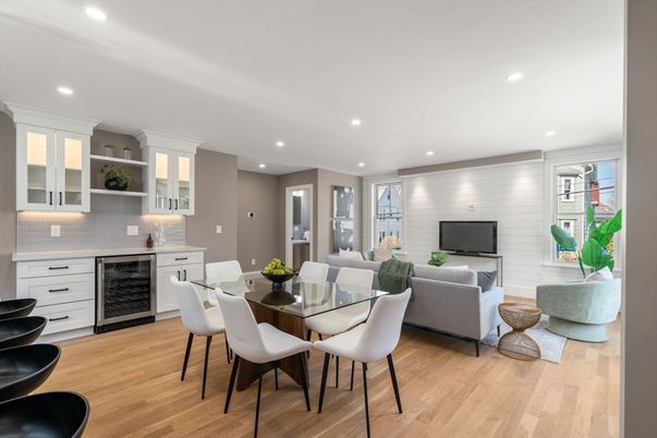 Dining room, Interior, Living room, Recessed Lighting, Wood Texture Flooring