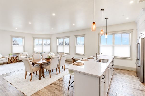 Dining room, Interior, Kitchen, Pendant Lights, Recessed Lighting, Wood Texture Flooring
