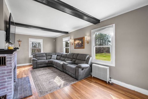 Fireplace, Interior, Living room, Pendant Lights, Wooden Beams, Wood Texture Flooring