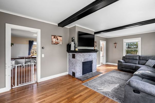 Dining room, Fireplace, Interior, Living room, Wood Texture Flooring